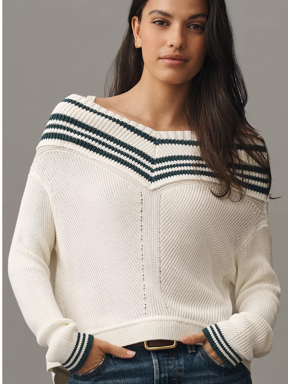 Maeve Cream Off-the-Shoulder Sweater with Forest Green Stripes